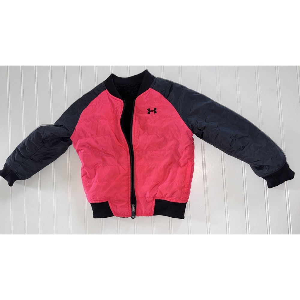 Under Armour Girls Reversible Bomber Jacket Pink Black Sherpa Fleece Size 2T 3T